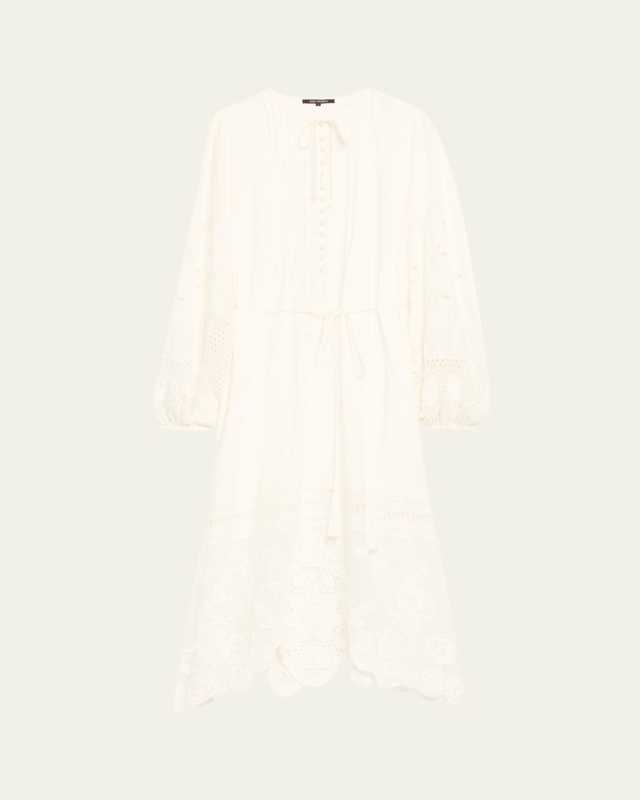 Yelle Pintuck Lace-Inset Linen Midi Dress